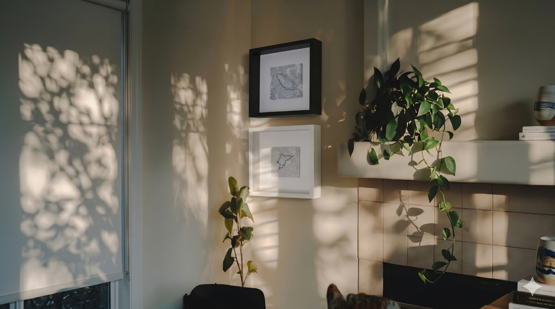 Ingelijste 3D-geprinte topografische kaarten aan een muur in zacht middagzonlicht